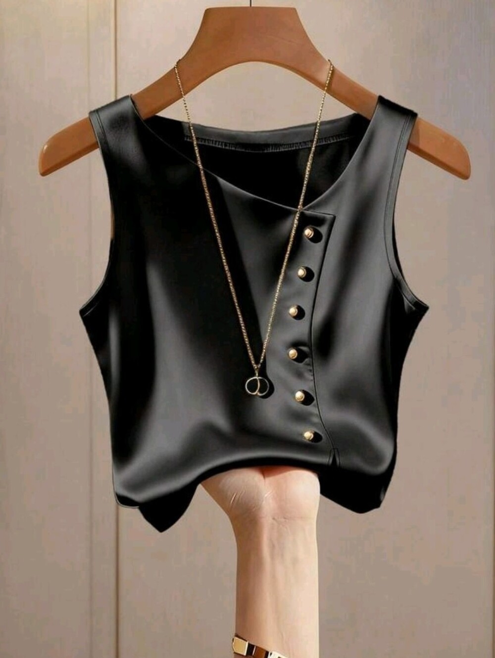 Franclia Asymmetrical Neckline Satin Knit Metal Button Decor Hem Slit Vest Top